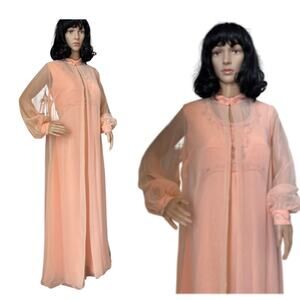 Vintage 1960s Elgin Peach Chiffon Dress & Sheer Overlay Set medium